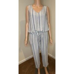 Anthropology Cloth and Stone Smocked Blue White Jumpsuit Large Linen Blend